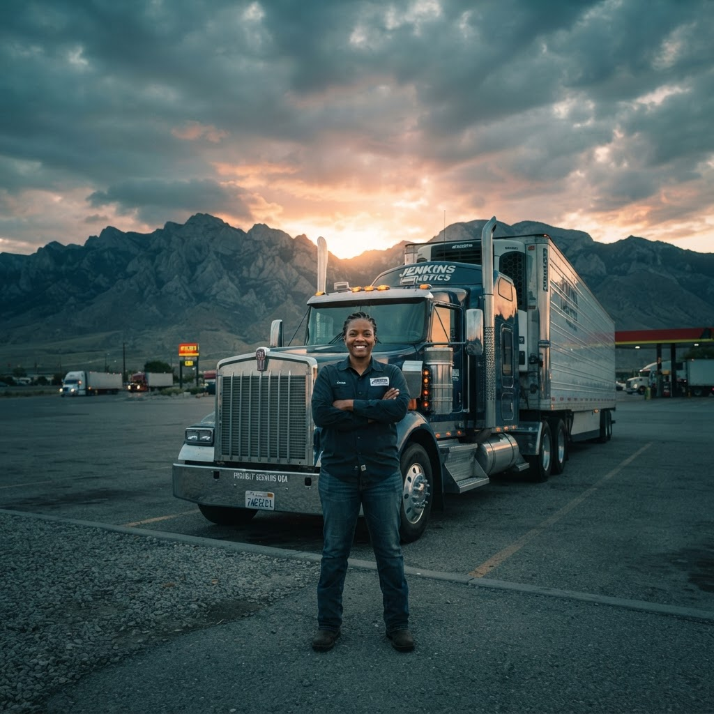 A confident Civic Truck Line Inc. truck driver standing in front of their semi-truck at sunrise