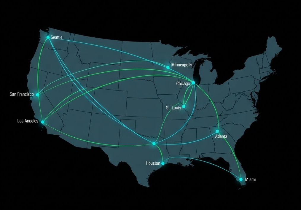 Map showing Civic Truck Line Inc. operating lanes across 15 or more states